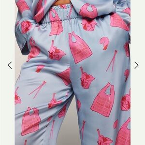 Women's Light Blue Satin Pajama Pants with Pink Print